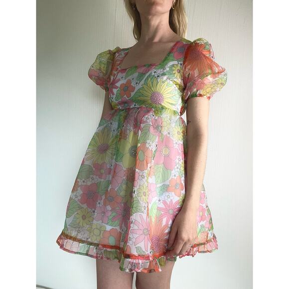 NISSA NEW YORK Sheer Floral Puff Sleeve Babydoll Dress US SMALL - Picture 6 of 14